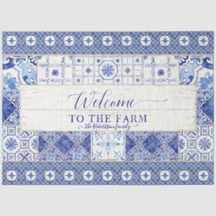 Farmhouse Tile Blue White Rustic Wood Decoupage Tissue Paper