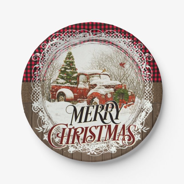 Farmhouse Truck Rustic Country Christmas Paper Plates (Front)