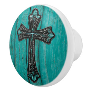 Farmhouse Turquoise Teal Western Country Cross Ceramic Knob