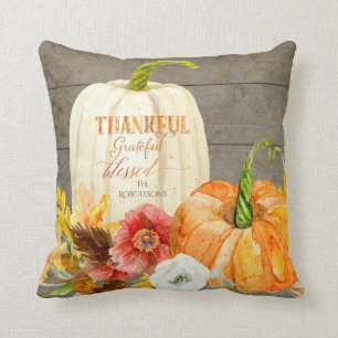 Farmhouse Typography Pumpkin Red Poppy Fall Wood Throw Pillow