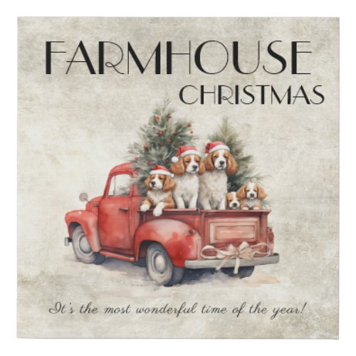 Farmhouse Vintage Dogs Red Truck Rustic Christmas Faux Canvas Print