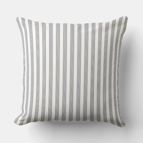 Farmhouse Vintage French Ticking Stripe Blue Grey Throw Pillow