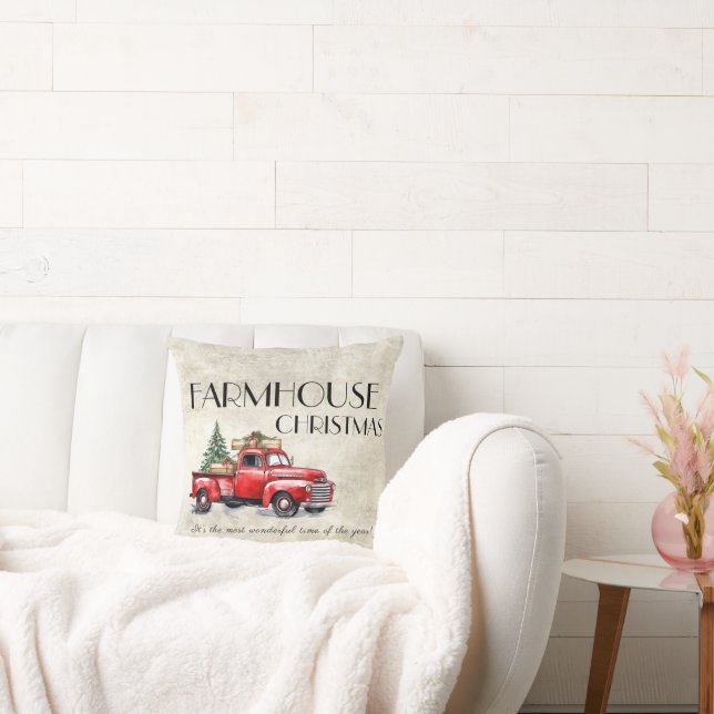 Farmhouse Vintage Red Truck Rustic Christmas Throw Pillow (Couch)