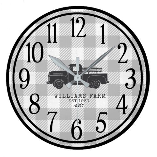 Farmhouse Vintage Truck Grey Buffalo Check Name Large Clock
