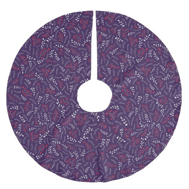 Farmhouse violet purple red rustic foliage pattern brushed polyester tree skirt (Front)