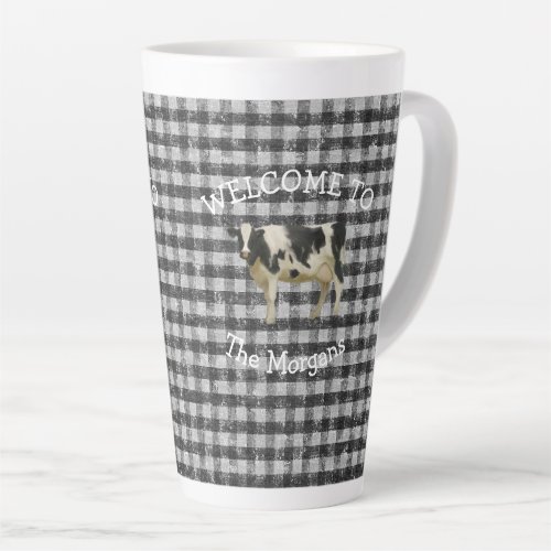 Farmhouse Welcome  Black and White Cow Check Name Latte Mug