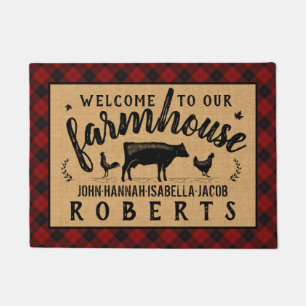 Farmhouse Welcome Red Buffalo Check Plaid Cow Doormat
