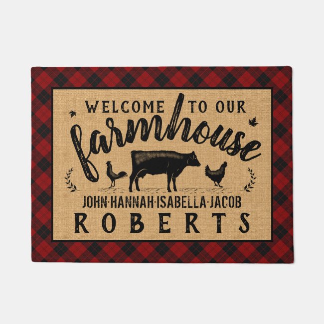 Farmhouse Welcome Red Buffalo Check Plaid Cow Doormat