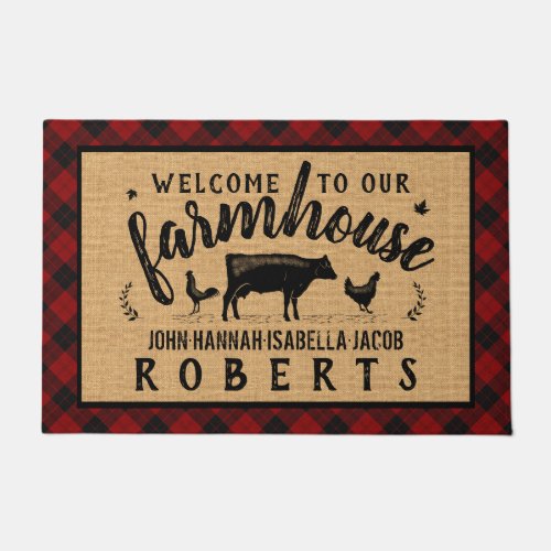 Farmhouse Welcome Red Buffalo Check Plaid Cow Lrg Doormat