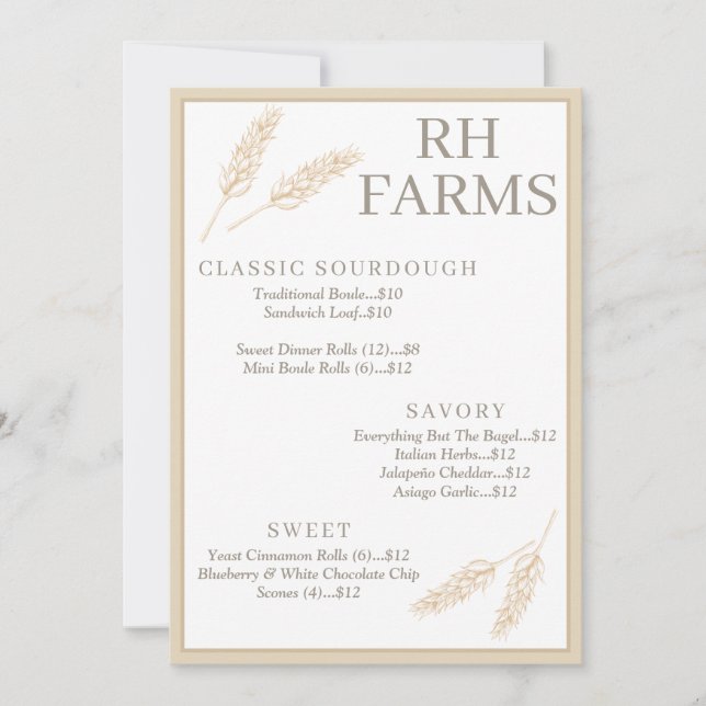 Farmhouse Wheat Stalks Bakery Prices Personalized Invitation (Front)