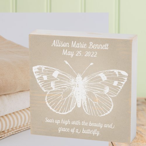 Farmhouse White Butterfly Birth Announcement Wooden Box Sign