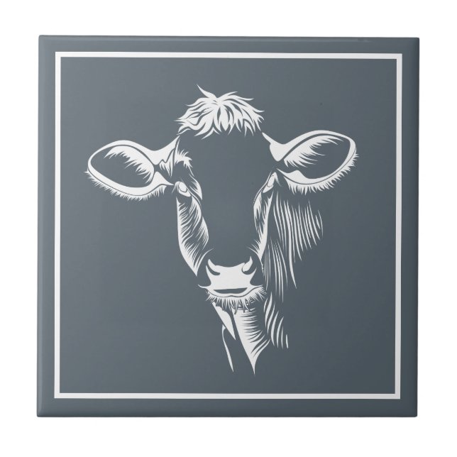 Farmhouse White Dairy Cow Illustration & Gray Ceramic Tile (Front)