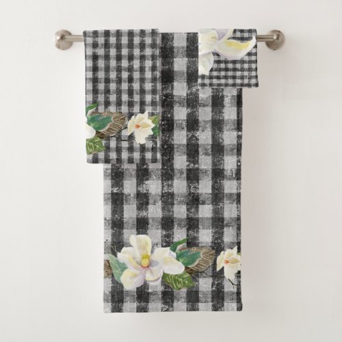 Farmhouse White Magnolia Leaves Black Check Rustic Bath Towel Set