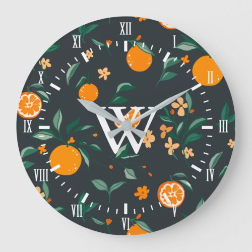 Farmhouse White Numerals Citrus Orange Botanical Large Clock