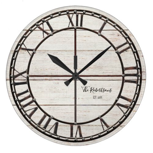 Farmhouse White Shiplap Wood Rustic Family Name Large Clock
