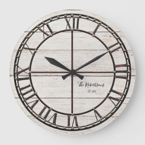 Farmhouse White Shiplap Wood Rustic Family Name Large Clock