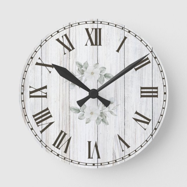 Farmhouse White Wood Greenery Botanical Round Clock (Front)