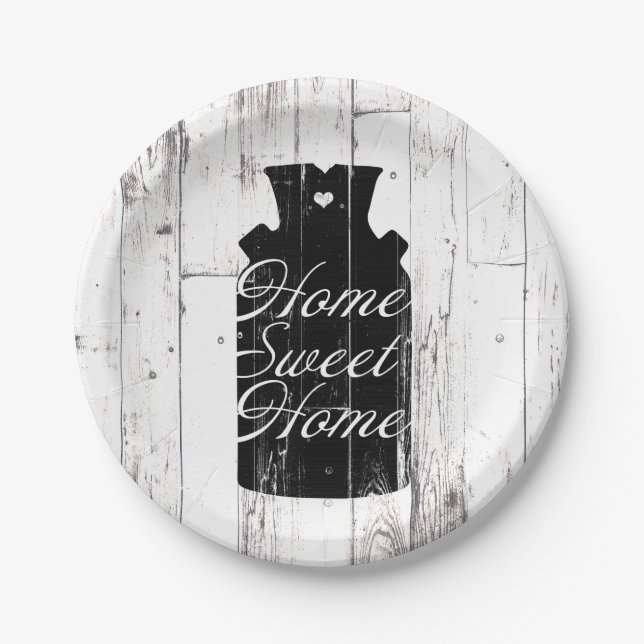 Farmhouse White Wood Rustic Milk Jug Home Sweet Paper Plates (Front)