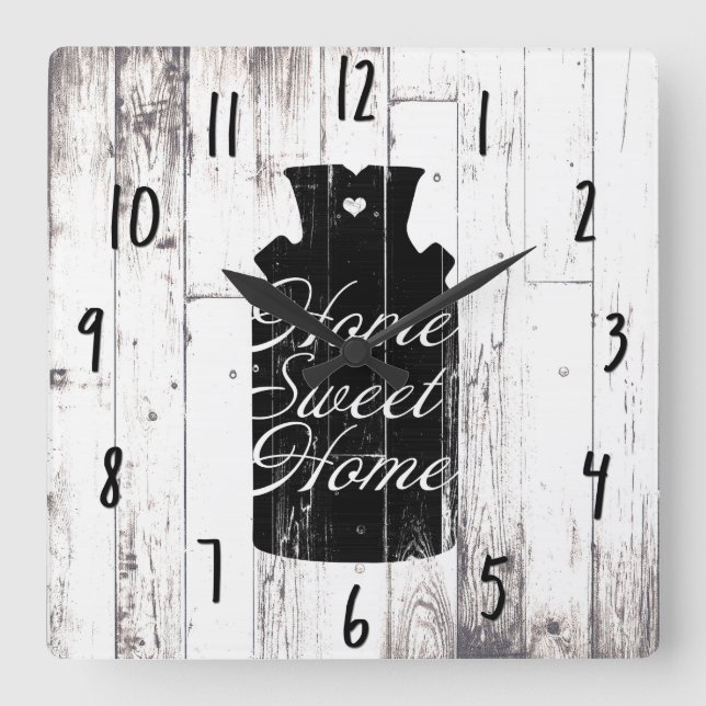 Farmhouse White Wood Rustic Milk Jug Home Sweet Square Wall Clock (Front)
