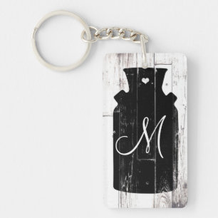 Farmhouse White Wood Rustic Milk Jug Monogram Keychain