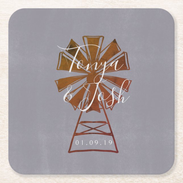 Farmhouse Windmill Rustic Wedding Square Paper Coaster (Front)