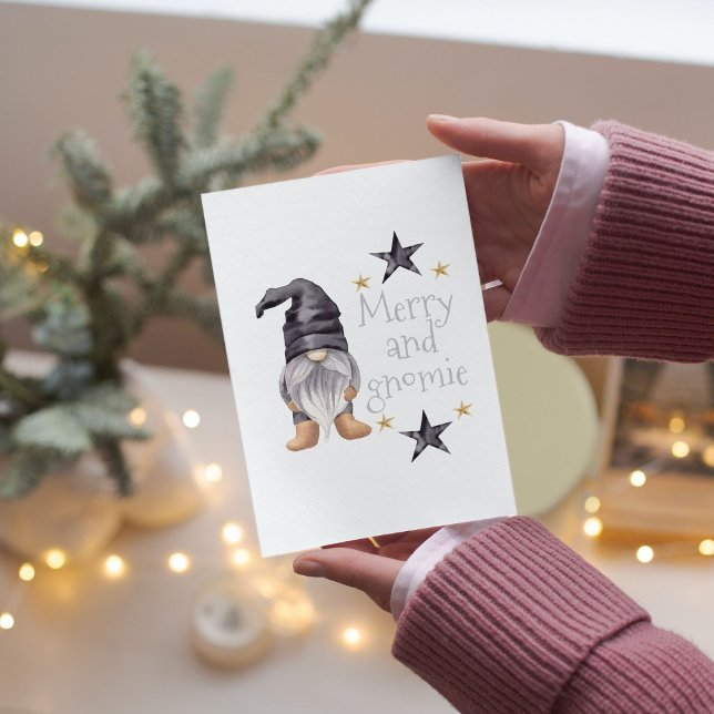 Farmhouse Winter Watercolor Gnome for Christmas Holiday Card (Gnome Christmas card with buffalo plaid background.)