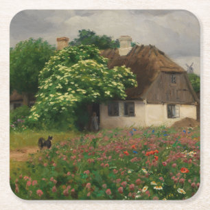 Farmhouse with Meadow Flowers Square Paper Coaster