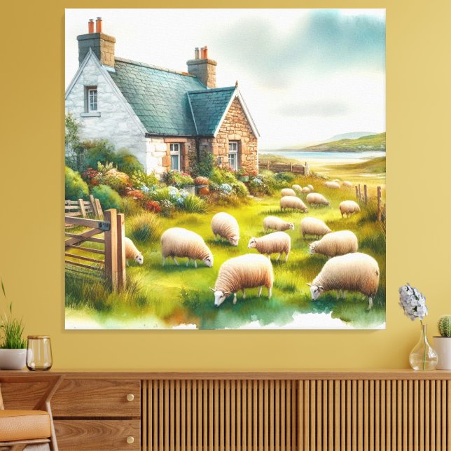 Farmhouse with Sheep Stretched Canvas Print (Insitu(LivingRoom))