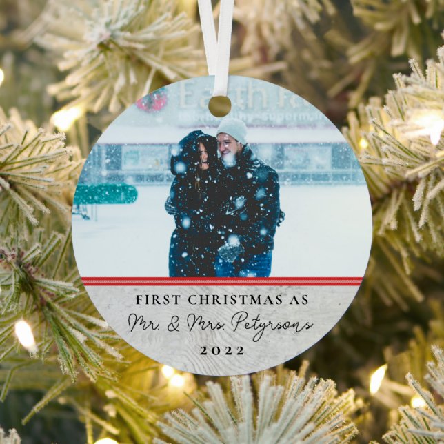  Farmhouse Wood First Christmas Married Photo Meta Metal Ornament (Insitu)