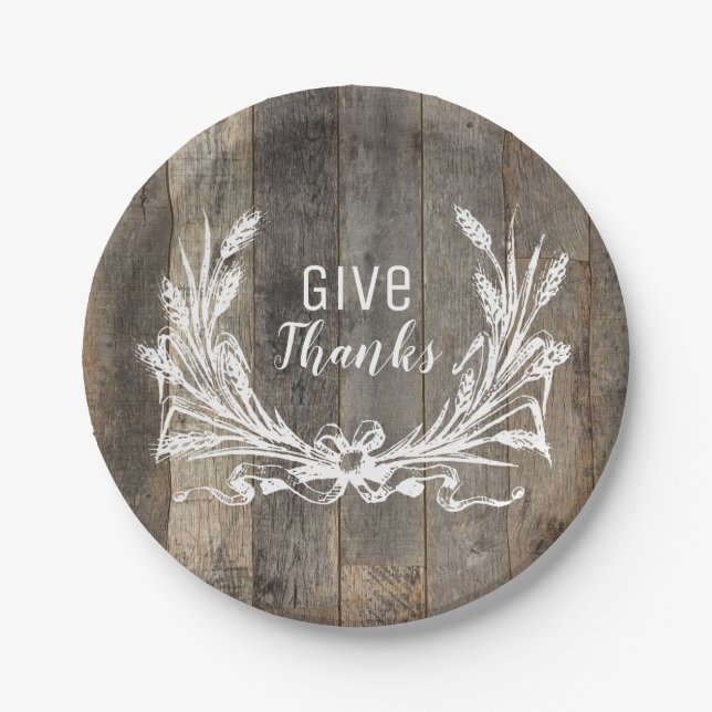 farmhouse wood give thanks thanksgiving party paper plates (Front)