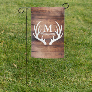 Farmhouse Wood Planks Deer Antlers & Family Name Garden Flag