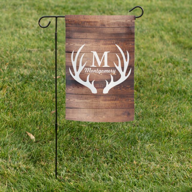Farmhouse Wood Planks Deer Antlers & Family Name Garden Flag (In SItu)