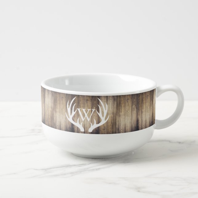 Farmhouse Wood Planks White Deer Antlers Monogram Soup Mug (Left)
