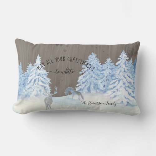 Farmhouse Wood Snowing White Christmas Family Name Lumbar Pillow
