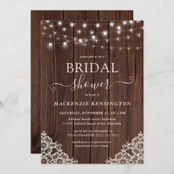 Farmhouse Wood String Lights Lace Bridal Shower Invitation by CedarAndString at Zazzle