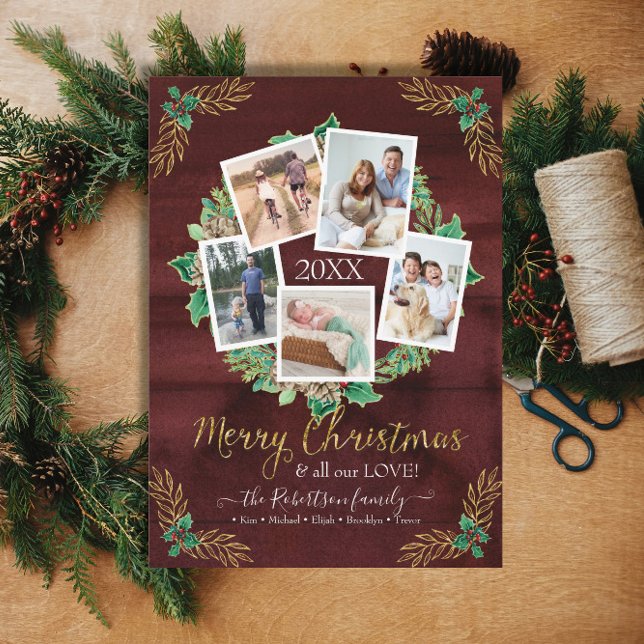 Farmhouse Wreath Christmas Photo Rustic Burgundy Holiday Card (Creator Uploaded)