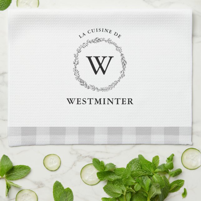 Farmhouse Wreath Gray Check Personalized Family Kitchen Towel (Folded)