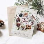 Farmhouse Wreath | Holiday Photo Card<br><div class="desc">A festive holiday card design that features eight of your favorite photos arranged in a round wreath design accented by green watercolor foliage, pine cones and red holly berries on a white farmhouse wood shiplap background. "Joy" appears in the center in festive burgundy plum hand lettered brush script typography. Personalize...</div>