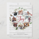 Farmhouse Wreath | Holiday Photo Collage Card<br><div class="desc">A festive holiday card design that features eight of your favorite photos arranged in a round wreath design accented by green watercolor foliage, pine cones and red holly berries on a white farmhouse wood shiplap background. "Joy" appears in the center in festive red hand lettered brush script typography. Personalize this...</div>