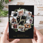 Farmhouse Wreath |  Photo Collage Foil Holiday Card<br><div class="desc">A festive holiday card design that features eight of your favorite photos arranged in a round wreath design accented by green watercolor foliage, pine cones and red holly berries on a dark background. "Joy" appears in the center in festive gold foil hand lettered brush script typography. Personalize this unique holiday...</div>