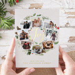 Farmhouse Wreath |  Photo Collage Foil Holiday Card<br><div class="desc">A festive holiday card design that features eight of your favorite photos arranged in a round wreath design accented by green watercolor foliage, pine cones and red holly berries on a warm white background. "Joy" appears in the center in festive gold foil hand lettered brush script typography. Personalize this unique...</div>