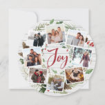 Farmhouse Wreath | Photo Collage Holiday Card<br><div class="desc">A festive holiday card design in a unique round shape that features eight of your favorite photos arranged in a round wreath design accented by green watercolor foliage, pine cones and red holly berries on a white farmhouse wood shiplap background. "Joy" appears in the center in festive red hand lettered...</div>