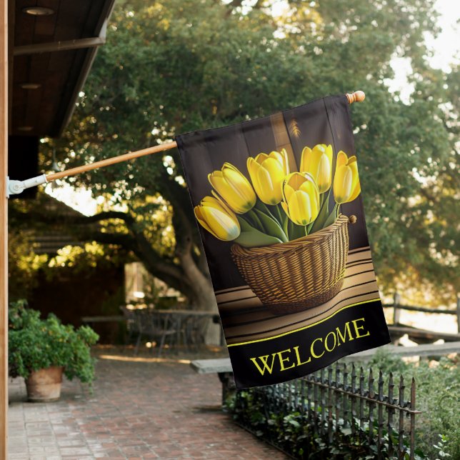 Farmhouse Yellow Tulips in Wicker Basket Welcome  House Flag (In SItu)