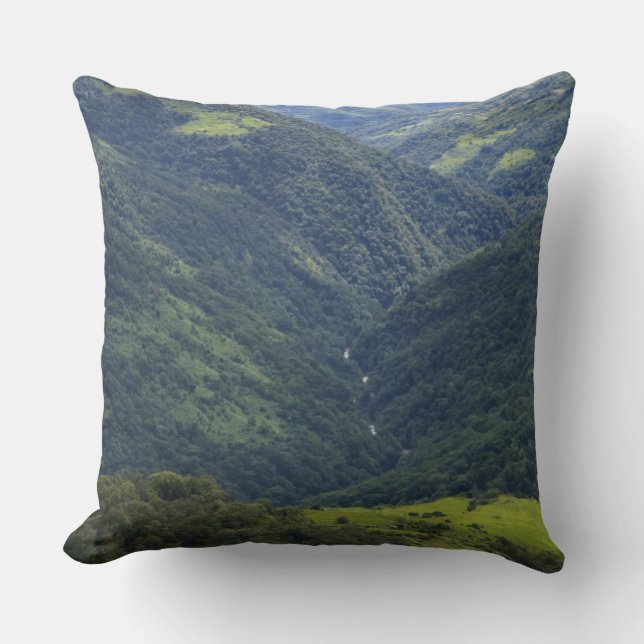 Farmlands and Himalaya forest in Mangdue valley Throw Pillow (Front)
