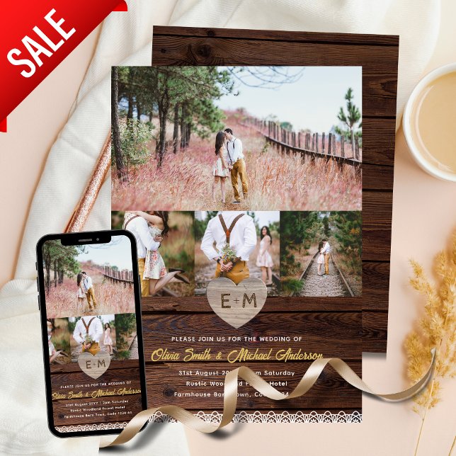 Farmouse Wedding | Rustic Wood Lace Photo Collage Invitation (Creator Uploaded)