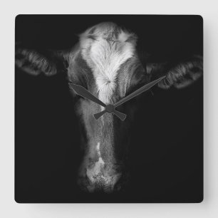 Farms   B&W Cow Head Shot Square Wall Clock