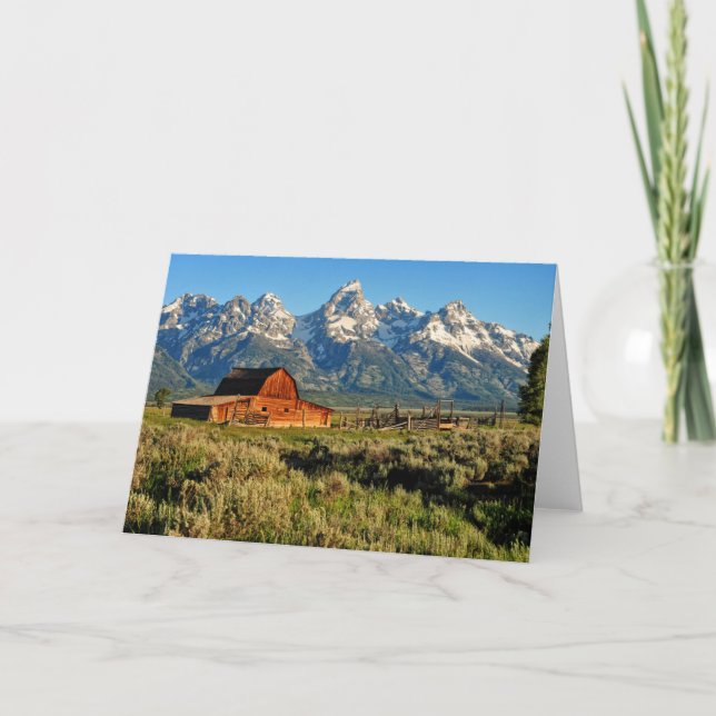 Farms | Barn Shadowed by Snow Capped Mountains Card (Front)