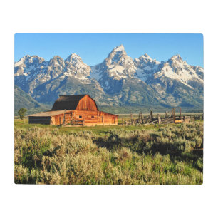 Farms Barn Shadowed by Snow Capped Mountains Metal Print