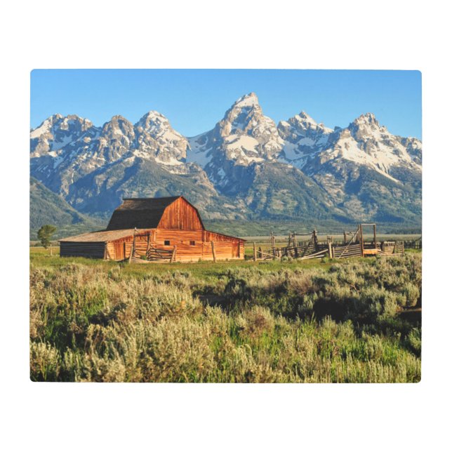 Farms | Barn Shadowed by Snow Capped Mountains Metal Print (Front)