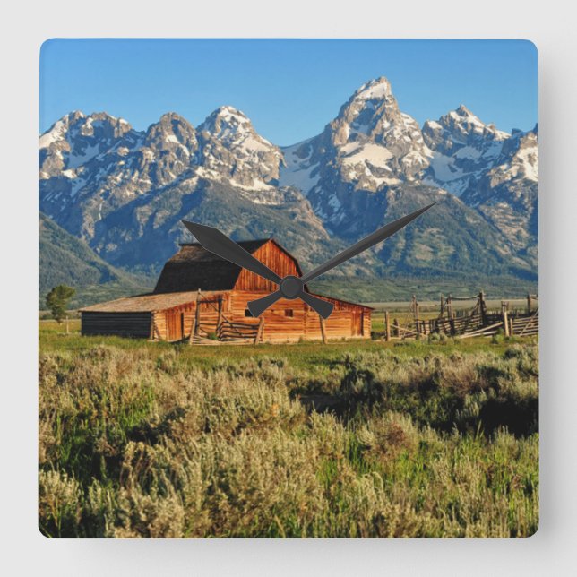 Farms | Barn Shadowed by Snow Capped Mountains Square Wall Clock (Front)